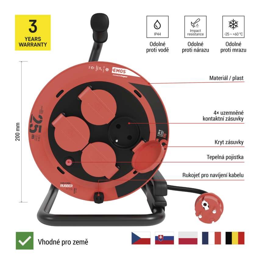 Venkovní prodlužovací kabel na bubnu 25 m / 4 zásuvky / guma / 230 V / 1,0 mm2 / IP44
