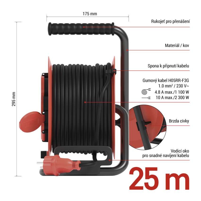 Venkovní prodlužovací kabel na bubnu 25 m / 4 zásuvky / guma / 230 V / 1,0 mm2 / IP44