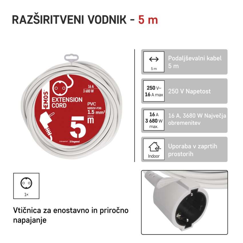 Podaljšek 5 m / 1 vtičnica / beli / PVC / 1,5 mm2