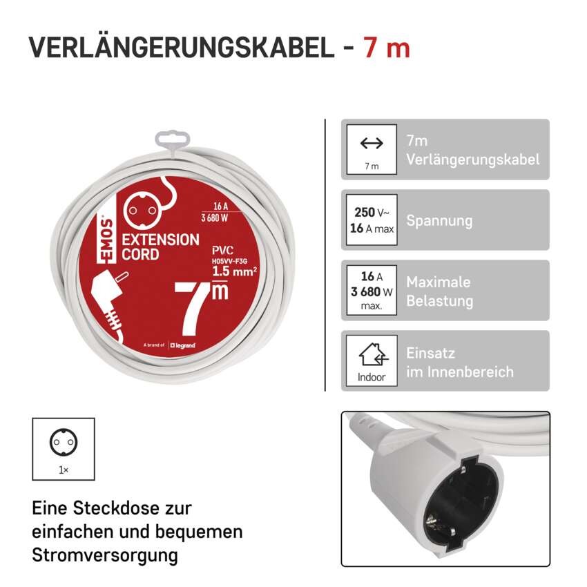 Verlängerungskabel 7 m / 1 Steckdose / weiß / PVC / 1,5 mm2
