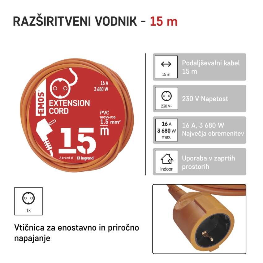 Podaljšek 15 m / 1 vtičnica / oranžni / PVC / 250 V / 1,5 mm2