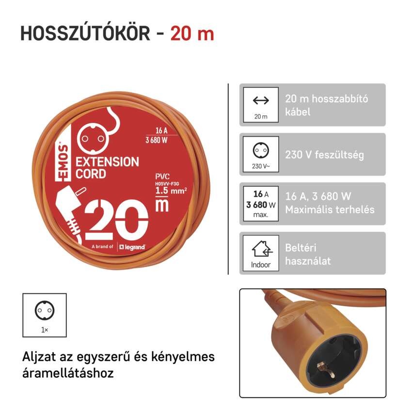 Hosszabbító 20 m / 1 aljzat / narancssárga / PVC / 250 V / 1,5 mm2