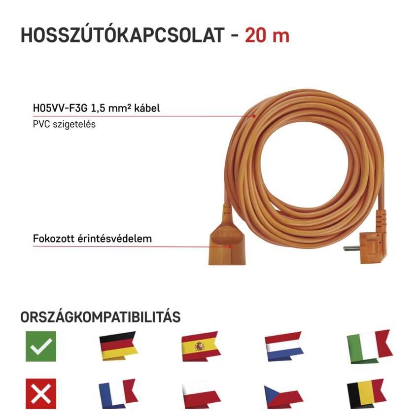 Hosszabbító 20 m / 1 aljzat / narancssárga / PVC / 250 V / 1,5 mm2