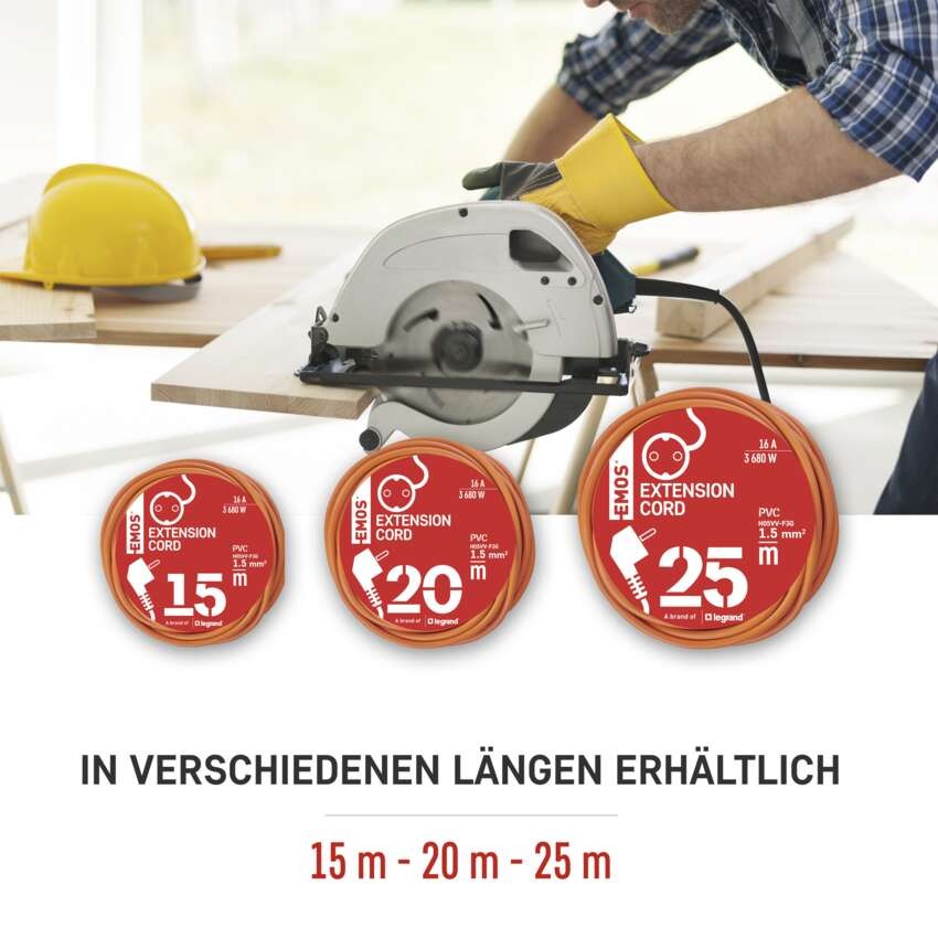 Verlängerungskabel 25 m / 1 Steckdose / orange / PVC / 250 V / 1,5 mm2