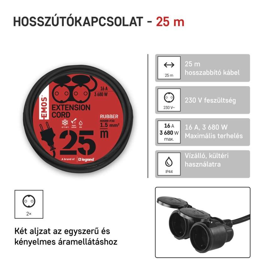 Hosszabbító 25 m / 2 aljzat / fekete / gumi / 250 V / 1,5 mm2