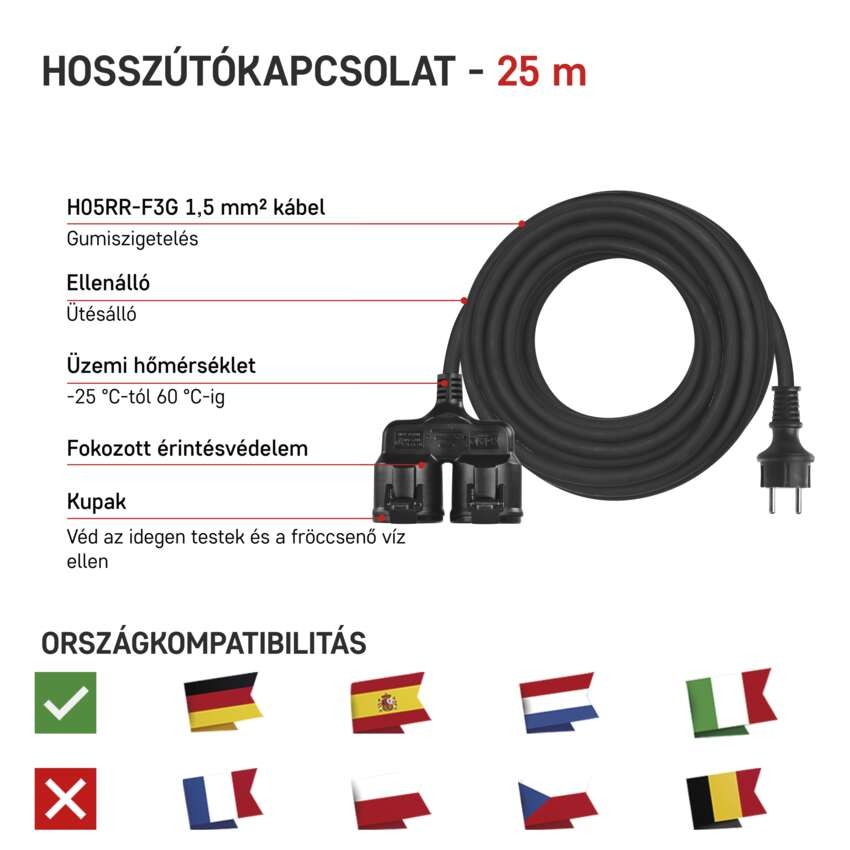Hosszabbító 25 m / 2 aljzat / fekete / gumi / 250 V / 1,5 mm2