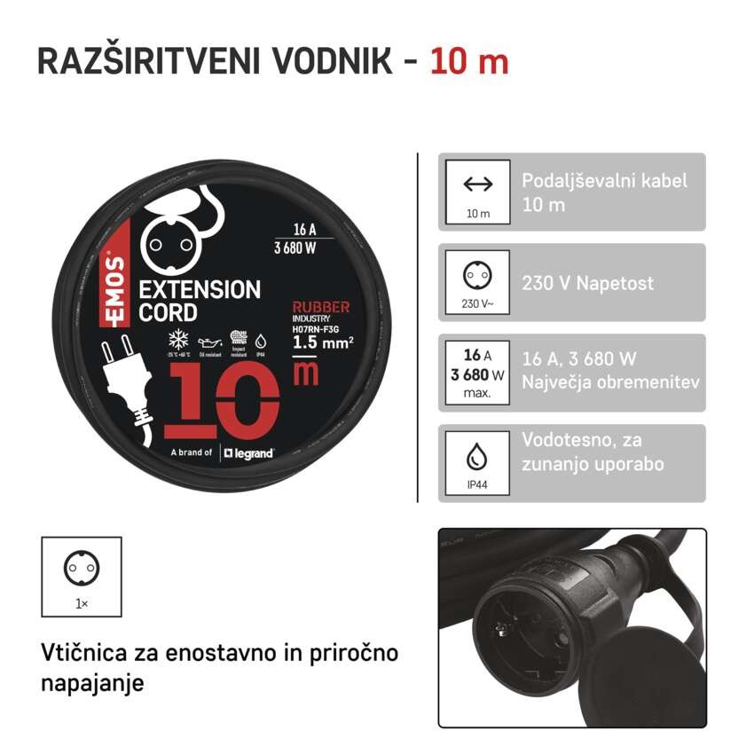 Zunanji podaljšek 10 m / 1 vtičnica / črni / guma-neopren / 250 V / 1,5 mm2