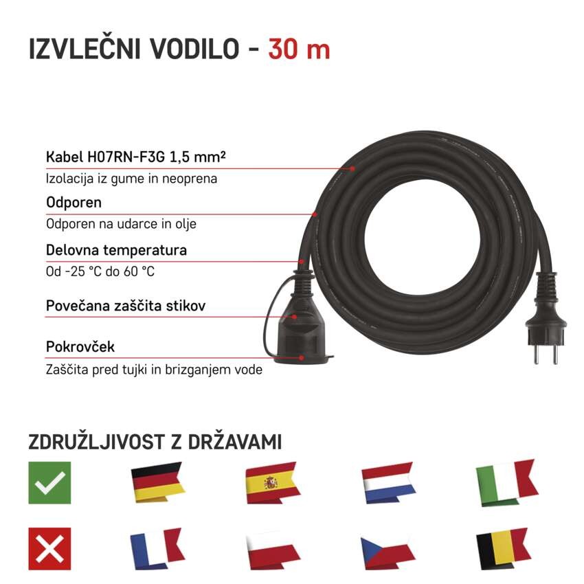 Zunanji podaljšek 30 m / 1 vtičnica / črni / guma-neopren / 250 V / 1,5 mm2