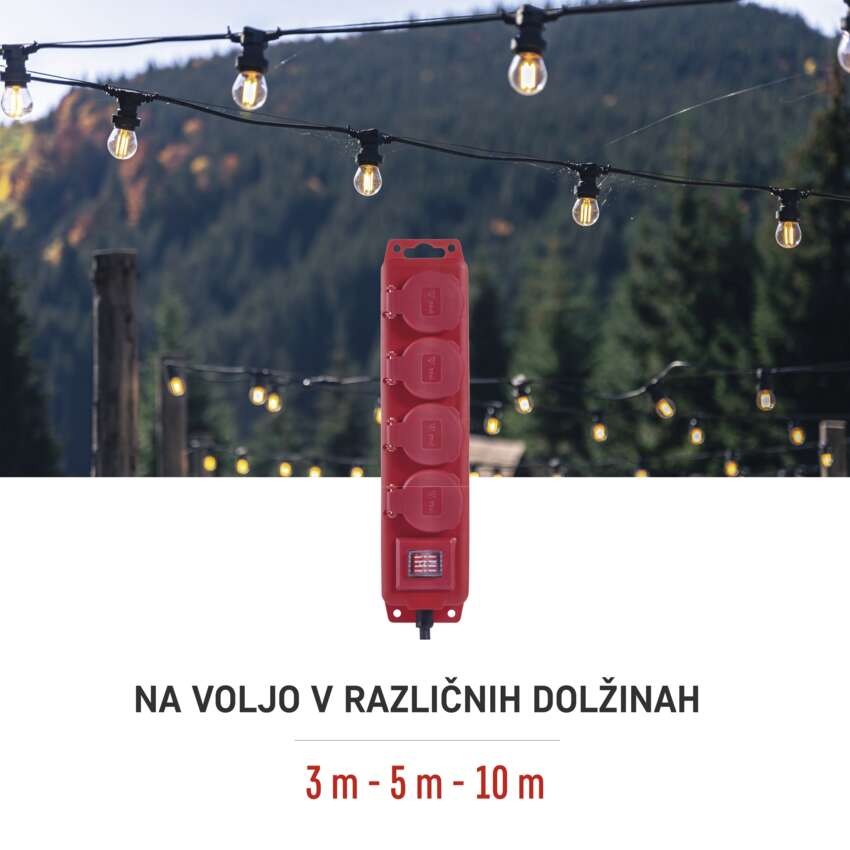 Podaljšek 3 m / 4 vtičnice / s stikalom / črno-rdeči / guma-neopren / 1,5 mm2