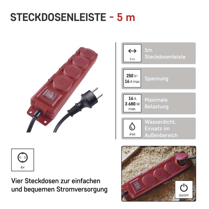 Steckdosenleiste 5 m / 4 Steckdosen / Schalter / rot / Gummi-Neopren / 1,5 mm2