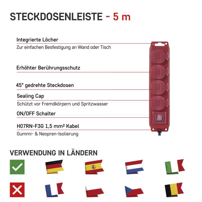 Steckdosenleiste 5 m / 4 Steckdosen / Schalter / rot / Gummi-Neopren / 1,5 mm2