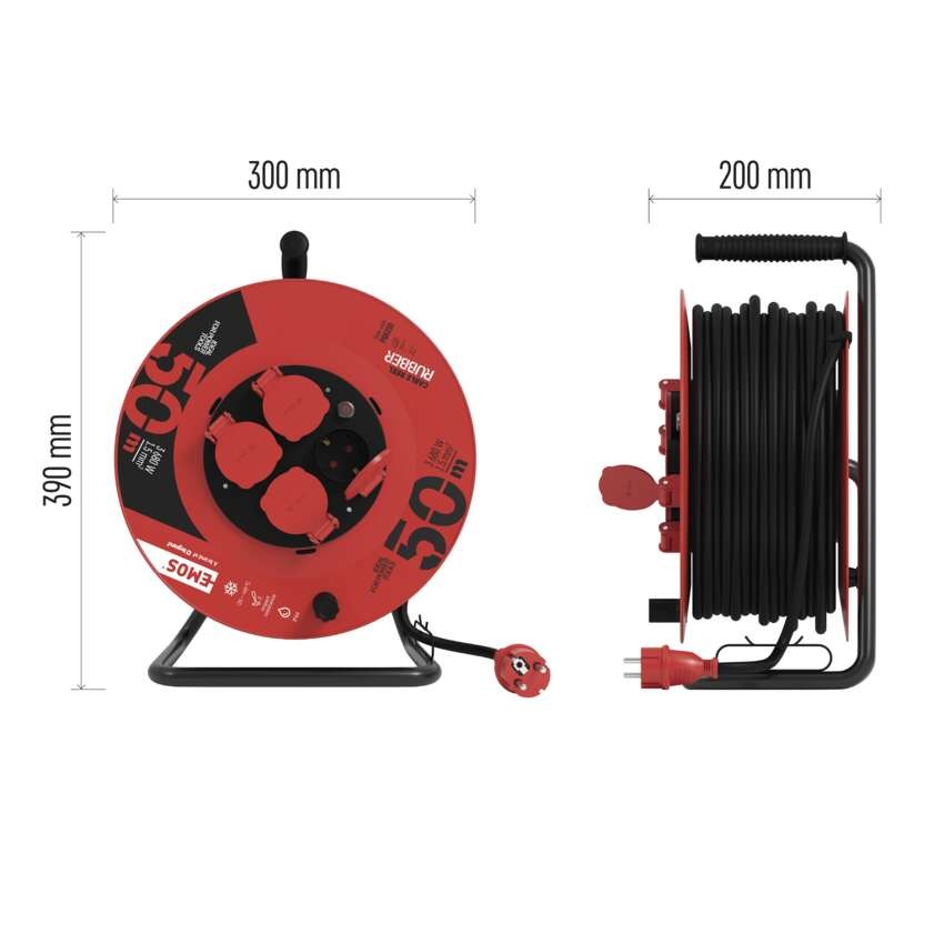 Gummi-Kabeltrommel – 4 Steckdosen, 50m, 1,5mm2 