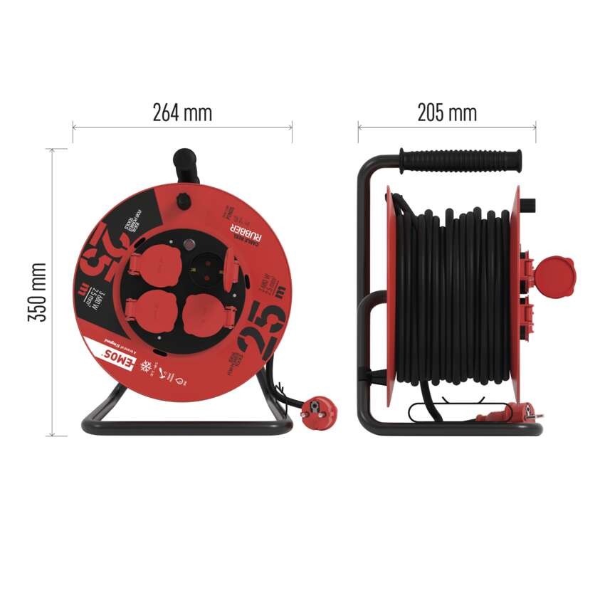Āra pagarinātāja spole, 25 m / 4 kontaktligzdas / melna / gumijas / 230 V / 2,5 mm2