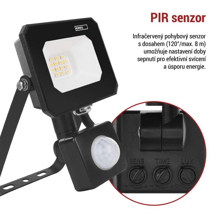 LED reflektor SIMPO s pohybovým čidlem, 10 W, černý, neutrální bílá