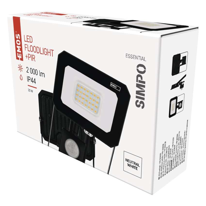 SIMPO LED prožektors ar kustības sensoru, 20 W, melns, neitrāli balts