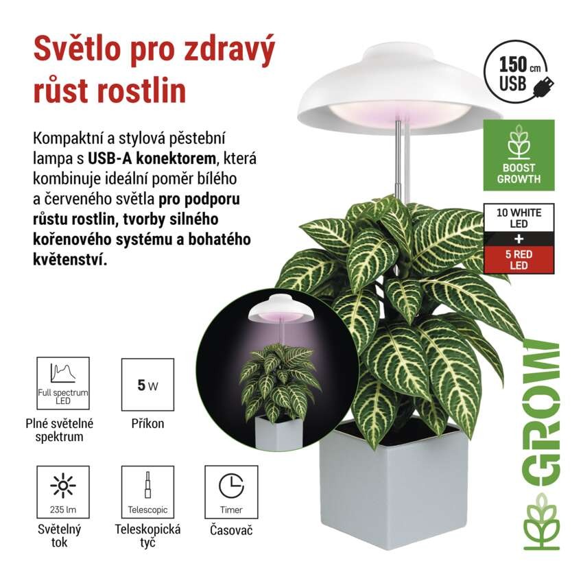 LED GROW pěstební lampa 5 W, časovač, bílá