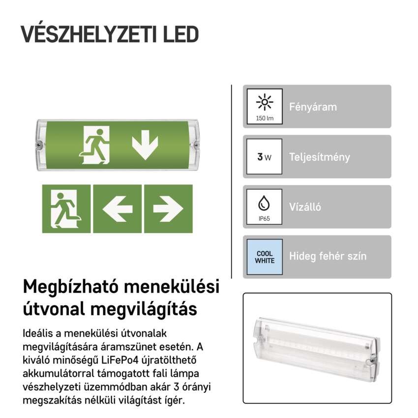 EMOS LED vészvilágító lámpatest NESSI 3W 3 óra IP65