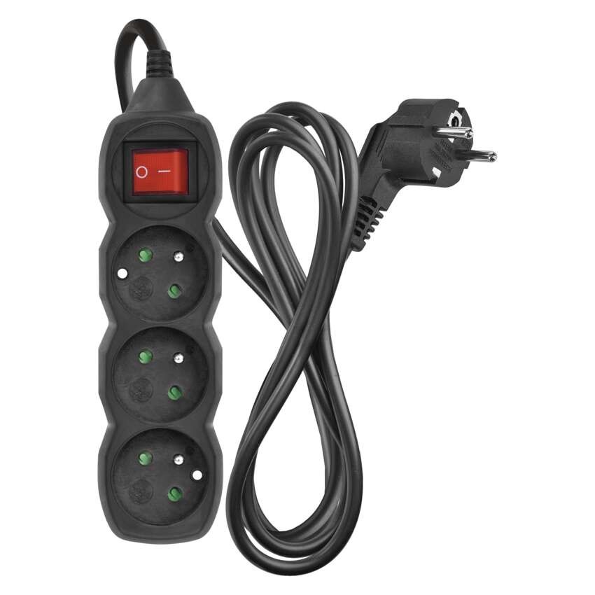 Prodlužovací kabel 2 m / 3 zásuvky / s vypínačem / černý / PVC / 1 mm2