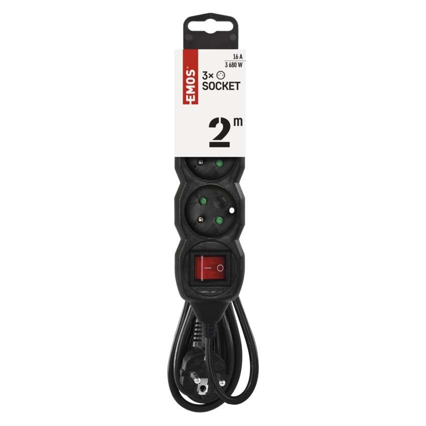 Prodlužovací kabel 2 m / 3 zásuvky / s vypínačem / černý / PVC / 1 mm2