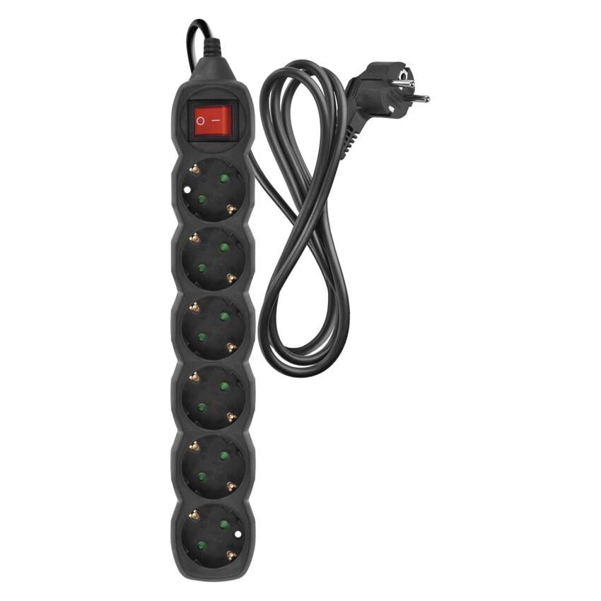 Pagarinātājs, 1,5 m / 6 kontaktligzdas / ar slēdzi / melns / PVH / 1,5 mm2