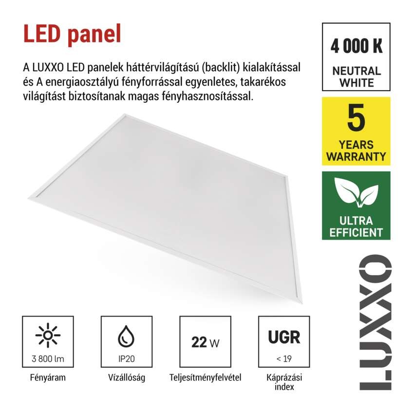 LED panel LUXXO 60 × 60 cm / 32 mm, 22 W, 3800 lm, sülly., semleges fehér, UGR<19, IP21