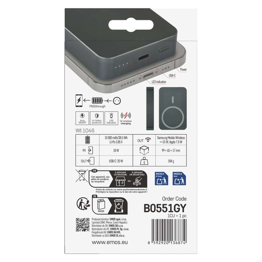 Powerbanka EMOS WI 1046, 10 000 mAh, 20 W+Wireless, šedá