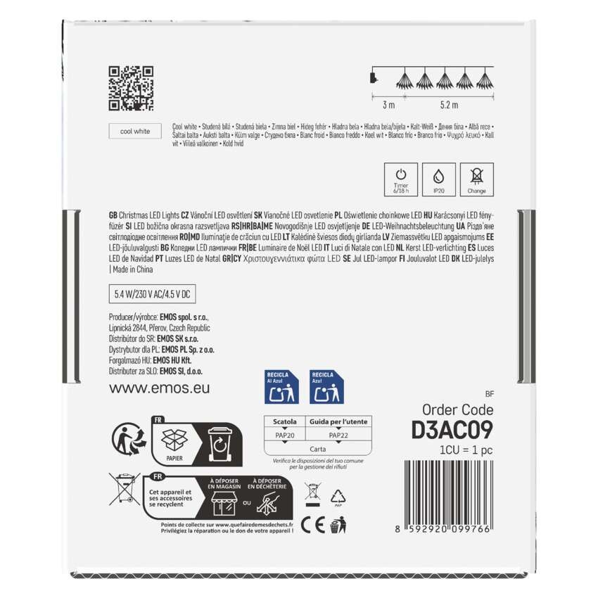 LED fényfüzér – fürtök, nano, 5,2 m, beltérre, hideg fehér, időzítő