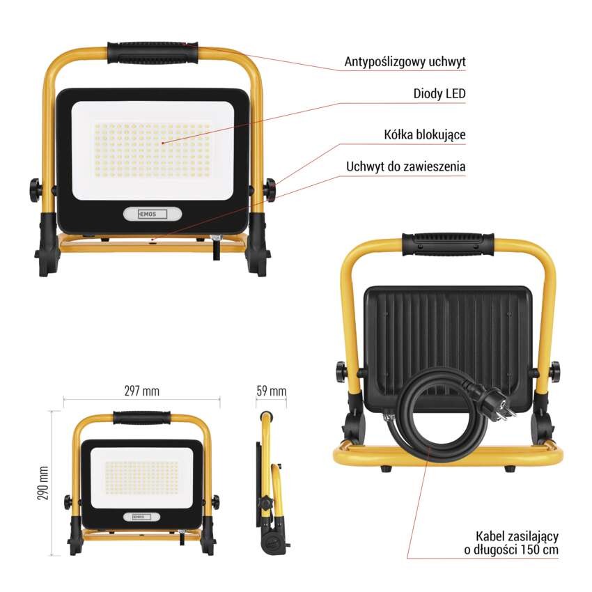 Naświetlacz LED GLARO 100 W, żółto-czarny, IP65, 10 000 lm, neutralna biel
