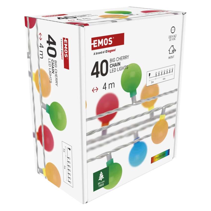 Dekoracje - 40 LED big cherry 4m IP44 multikolor, biały przewód, IP44, timer