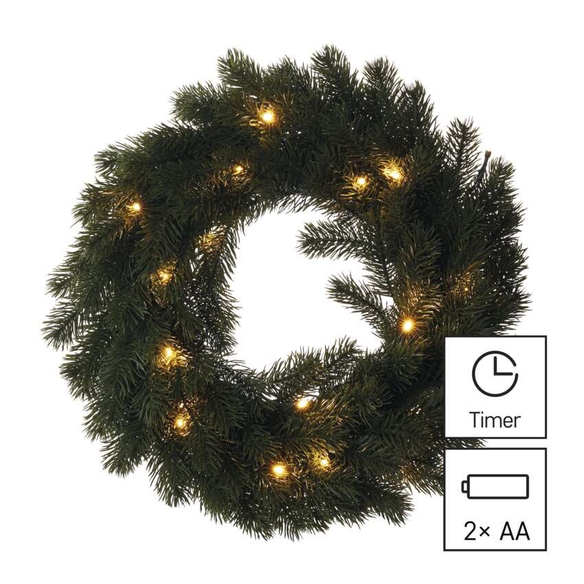 LED vánoční věnec, 40 cm, 2x AA, vnitřní, teplá bílá, časovač