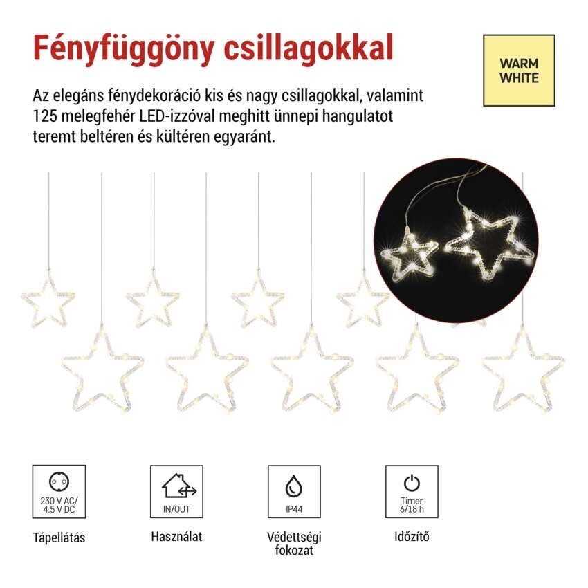 LED karácsonyi függöny – csillagok, 190x50 cm, kültéri és beltéri használatra, meleg fehér