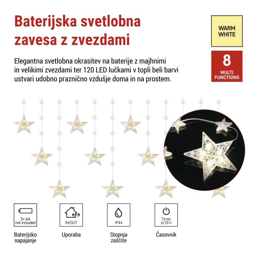 LED božična girlanda – zvezde, 1,7 m, 3x AA, za notranjo uporabo, topla bela, časovnik