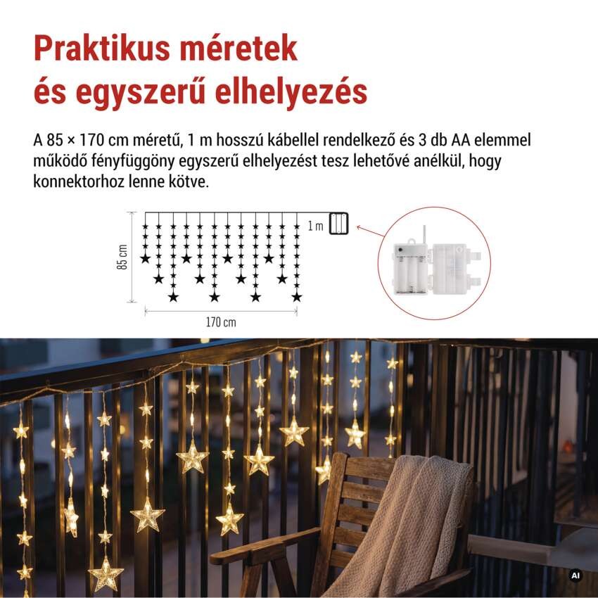 LED karácsonyi függöny – csillagok, 170x85 cm, 3x AA elem, IP44, meleg fehér, időzítő