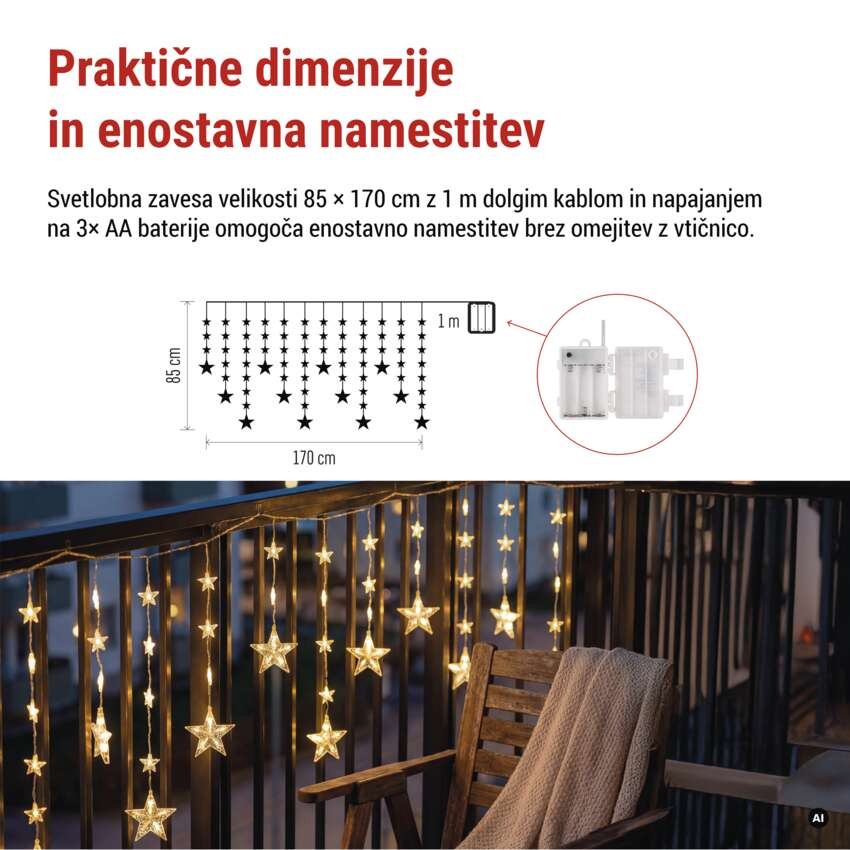 LED božična girlanda – zvezde, 1,7 m, 3x AA, za notranjo uporabo, topla bela, časovnik