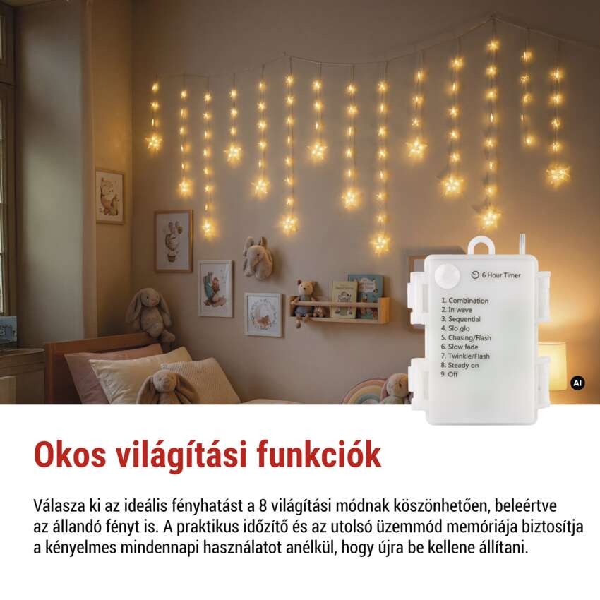 LED karácsonyi függöny – csillagok, 170x85 cm, 3x AA elem, IP44, meleg fehér, időzítő
