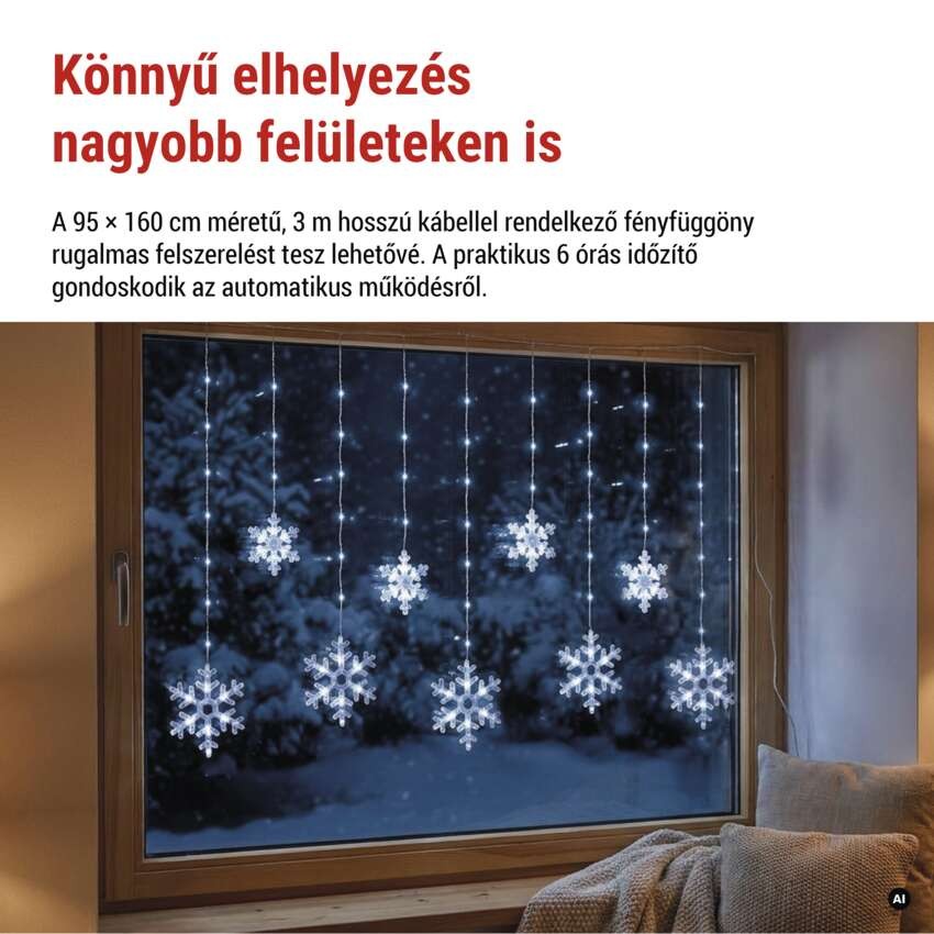 LED karácsonyi függöny – hópelyhek, 160x95 cm, IP44, hideg fehér, időzítő
