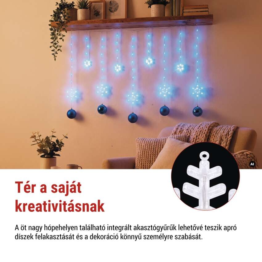 LED karácsonyi függöny – hópelyhek, 160x95 cm, IP44, hideg fehér, időzítő