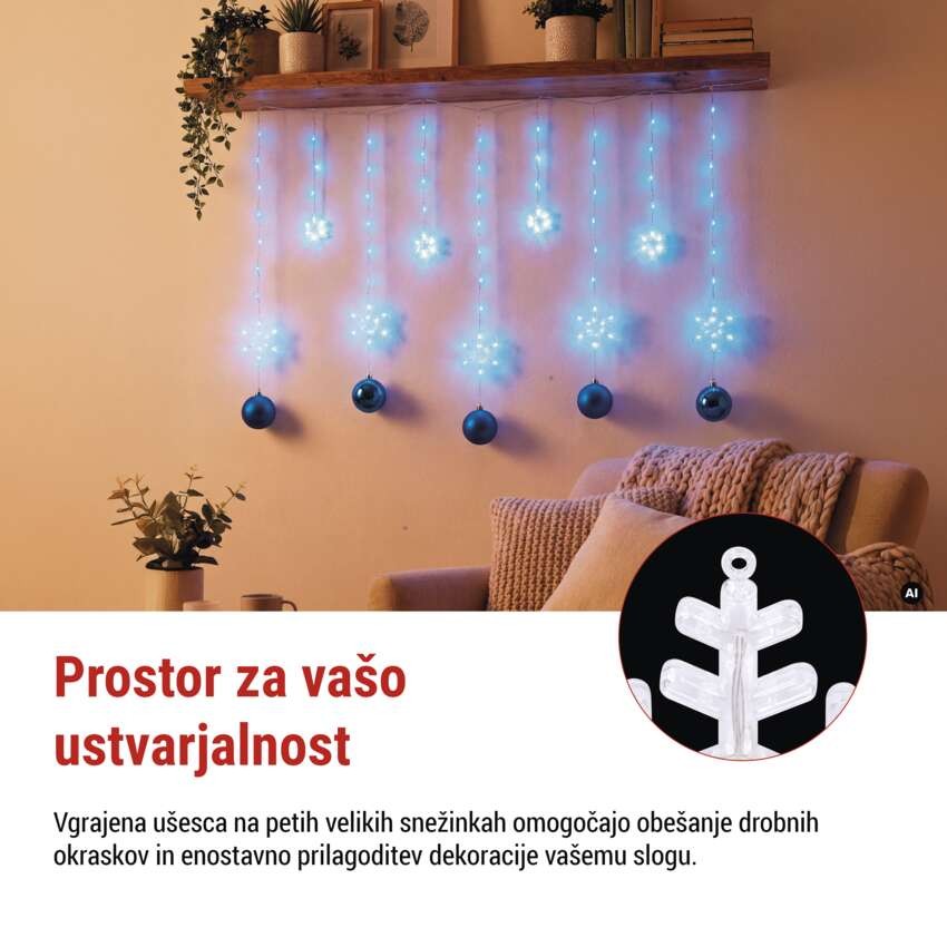LED božična girlanda – snežinke, 160 x 95 cm,  IP44, hladna bela, časovnik