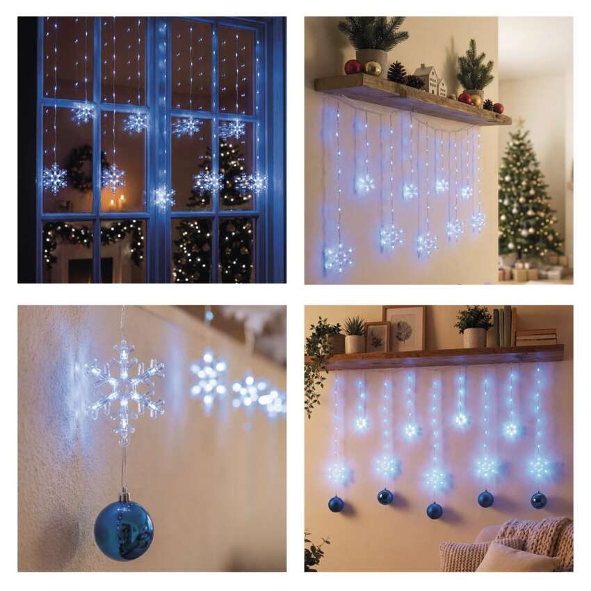 LED Kalėdų girlianda – snaigės, 160x95 cm, IP44, šalta balta, laikmati