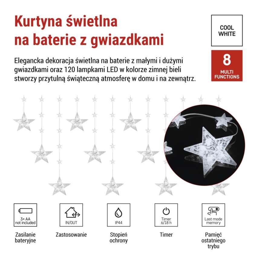 Świąteczna girlanda LED – gwiazdki, 170 x 85 cm, 3 baterie AA, IP44. zimna biała, timer