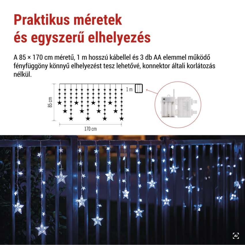 LED karácsonyi függöny – csillagok, 170x85 cm, 3x AA elem, IP44, hideg fehér, időzítő