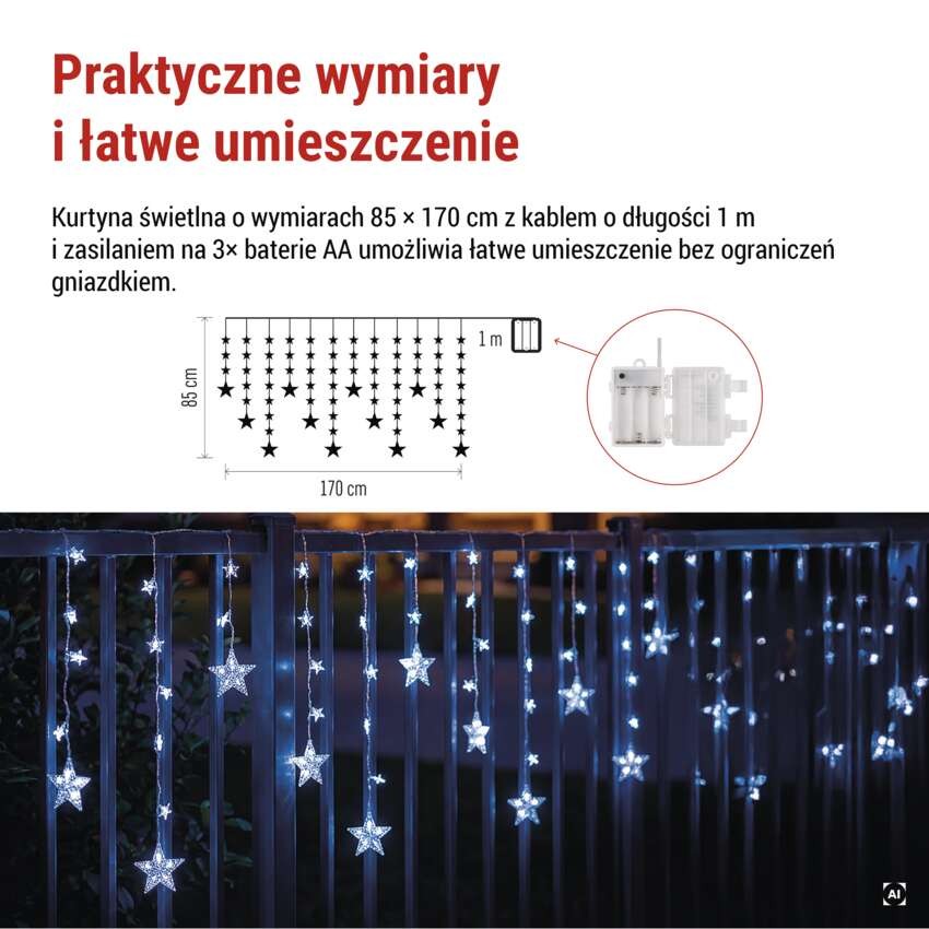 Świąteczna girlanda LED – gwiazdki, 170 x 85 cm, 3 baterie AA, IP44. zimna biała, timer
