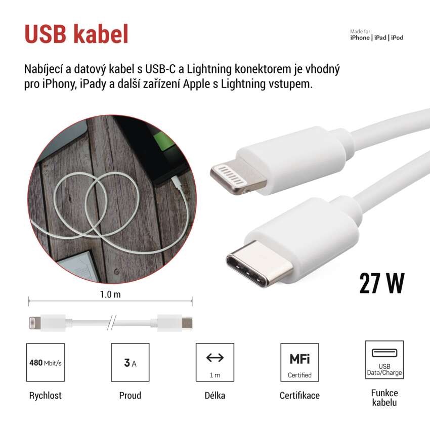 Nabíjecí a datový kabel USB-C 2.0 / Lightning MFi, 1 m, bílý