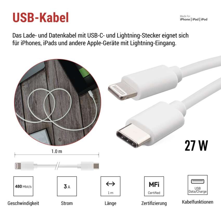 USB Kabel 2.0 C Stecker -  i16P Stecker 1m, weiss