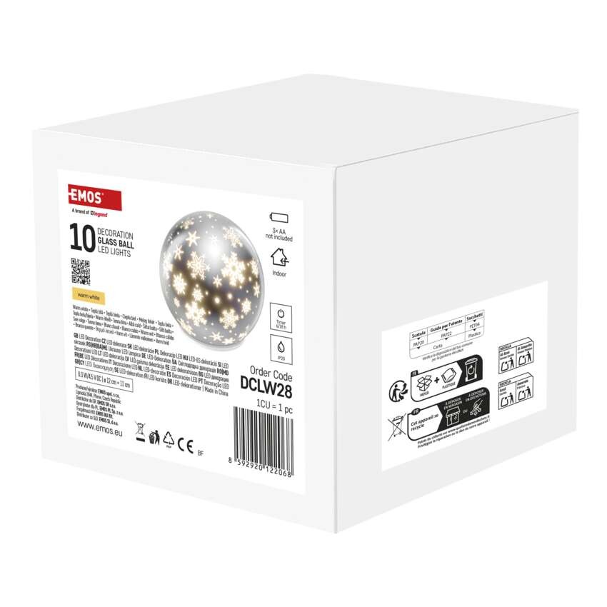 LED Weihnachtskugel aus Glas - Schneeflocken, 12 cm, 3x AA, Innen, warmweiss, Timer