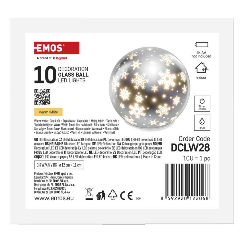 LED Weihnachtskugel aus Glas - Schneeflocken, 12 cm, 3x AA, Innen, warmweiss, Timer