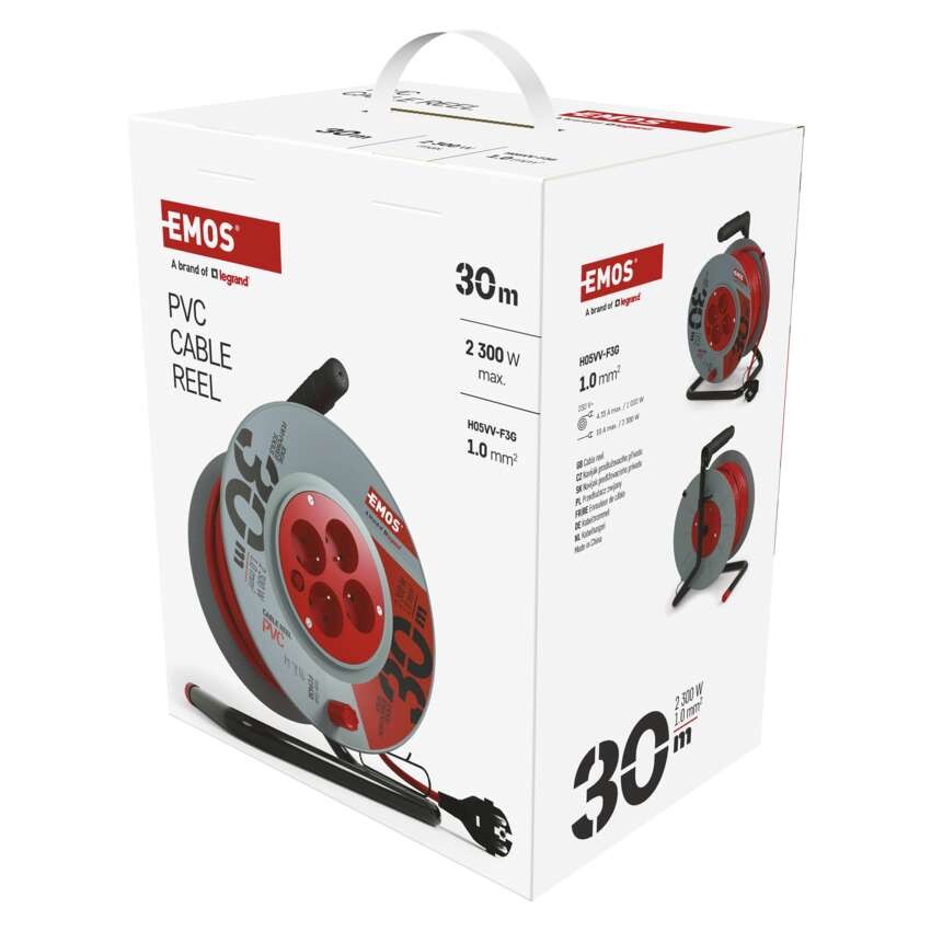 Predlžovací kábel na bubne 30 m / 4 zásuvky / červený / PVC / 230 V / 1 mm2