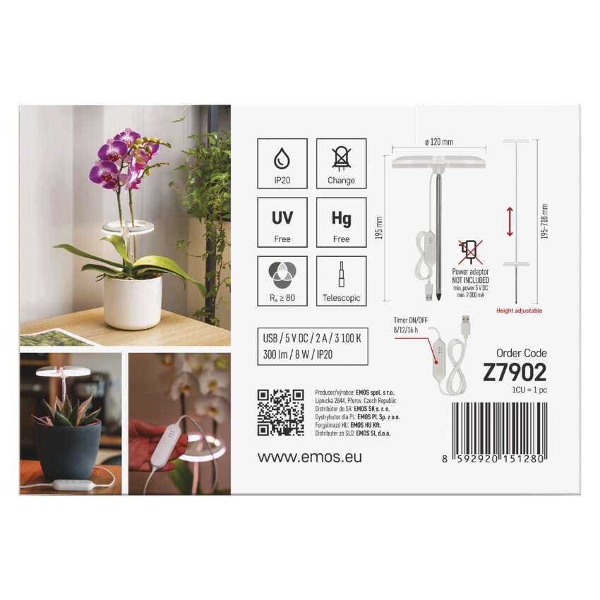 LED GROW pestovateľská lampa 8 W, časovač, stmievateľná, biela