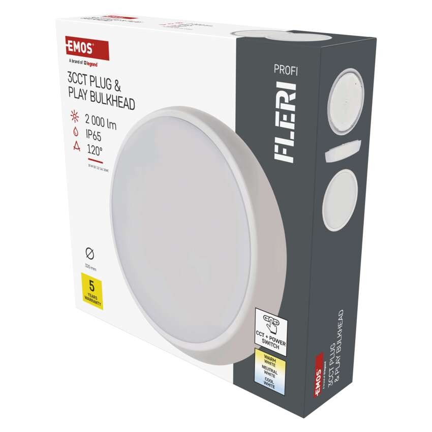 LED lampa FLERI, 20 W, IP65, silti-auksti balta