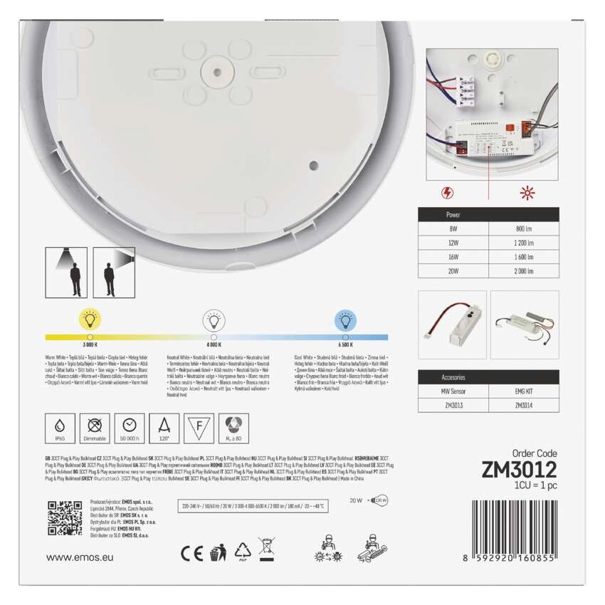 LED lampa FLERI, 20 W, IP65, silti-auksti balta